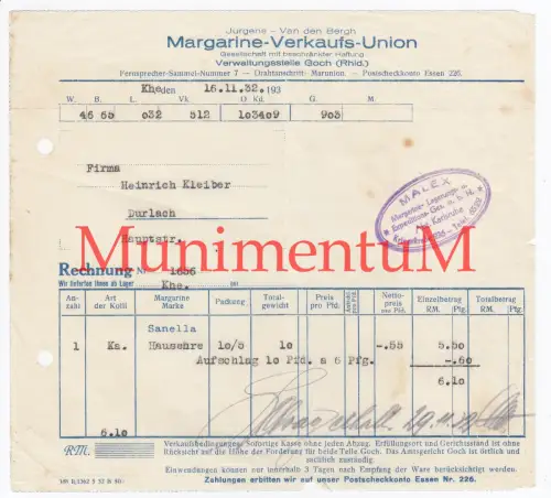Margarine-Verkaufs-Union GOCH 1932 Fa. H. Kleiber DURLACH , Malex Abt. KARLSRUHE