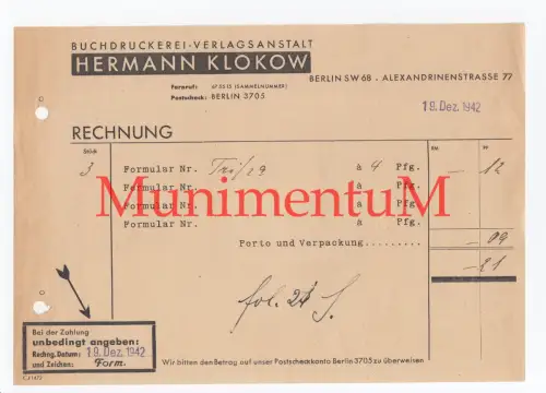 Buchdruckerei Verlagsanstalt Hermann Klokow BERLIN - Rechnung Reklame 1942