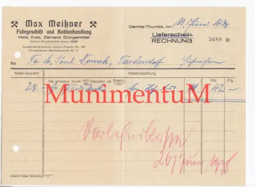 Fuhrgeschäft & Kohlenhandlung M. Meißner DEMITZ-THUMITZ - Rechnung Reklame 1938
