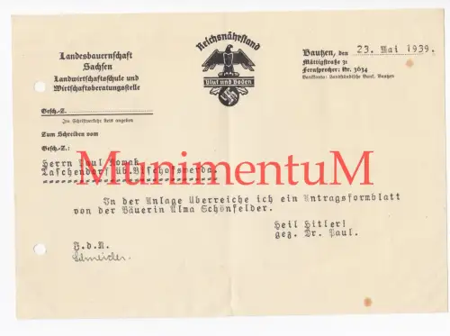 Reichsnährstand Landesbauernschaft Sachsen BAUTZEN 1939 TASCHENDORF Schreiben