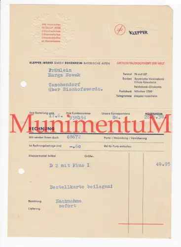 Klepper-Werke GmbH ROSENHEIM größte Faltbootwerft der Welt - Rechnung 1938