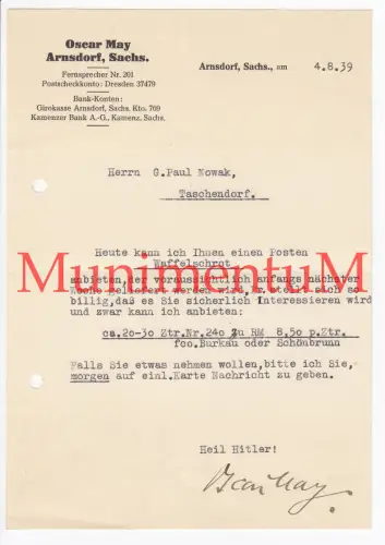 Oscar May ARNSDORF i. Sachsen - Offerte Rechnung Reklame 1939 bzgl Waffelschrot