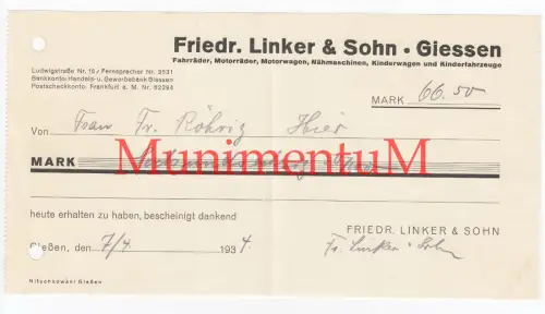 Fahrräder Motorräder Nähmaschinen Fr. Linker & Sohn GIESSEN GIEßEN Quittung 1934