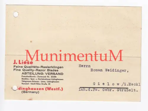 J. Liese Rasierklingen LÜDINGHAUSEN Westfalen - Postkarte 1939 über Irrtum