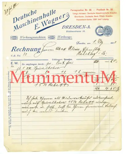 Deutsche Maschinenhalle Wagner DRESDEN -Altstadt Werkzeugmaschinen Rechnung 1910