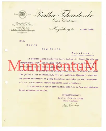 Panther-Fahrradwerke Oskar Vormbaum MAGDEBURG - Rechnung 1906 AUTOGRAPH Inhaber