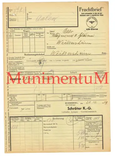 Frachtbrief lufttechn. Anlage Ventilatorenfabrik RUDERSBERG Krs. WAIBLINGEN 1949