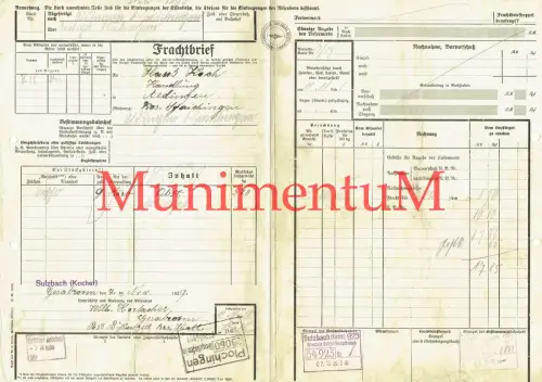 Frachtbrief Württ. Eisenbahn-Gesellschaft SULZBACH (KOCHER) 1939 nach ALDINGEN