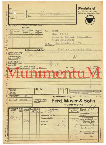Frachtbrief Möbel-Werke F Moser & Sohn SCHRAMBERG 1950 Maschine nach WEIKERSHEIM