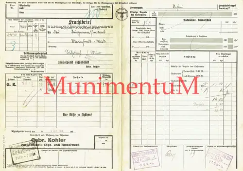 Frachtbrief Parkettfabrik Säge- & Hobelwerk Gebr. Kohler SCHWAIGERN 1938