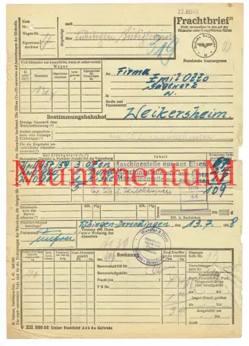Frachtbrief TÜBINGEN DERENDINGEN 1948 Maschinenfabrik Gießerei Wurster & Dietz