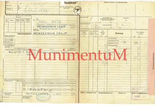 Frachtbrief Eisenhandlung Bauer NECKARGEMÜND 1948 nach WEIKERSHEIM Fensterbank