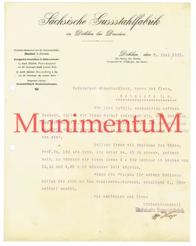 Sächsische Gussstahlfabrik DÖHLEN bei DRESDEN - Offerte Rechnung Briefbogen 1906