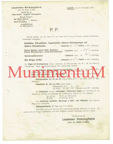 Laupheimer Werkzeugfabrik | Preisliste Offerte Briefbogen Nov. 1918 LAUPHEIM