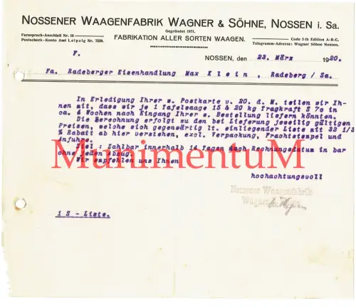 Nossener Waagenfabrik Wagner & Söhne NOSSEN i Sa. - Rechnung Offerte Rabatt 1920