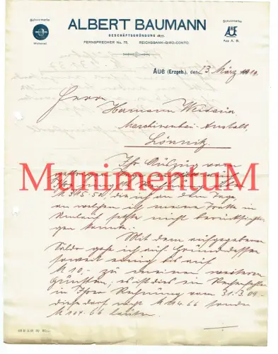 Albert Baumann AUE / ERZGEBIRGE Schutzmarke Wellenrad - Rechnung Guthaben 1910