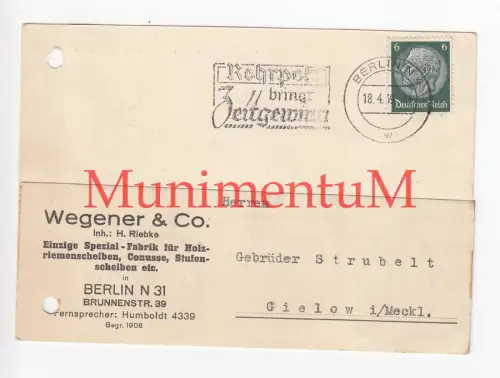 Einzige Spezialfabrik Holzriemenscheiben Wegener & Co BERLIN 1939 Baumbestellung