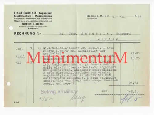 Ankerwickelei Ing. P. Schleif GNOIEN in Mecklenburg - Rechnung Briefbogen 1944