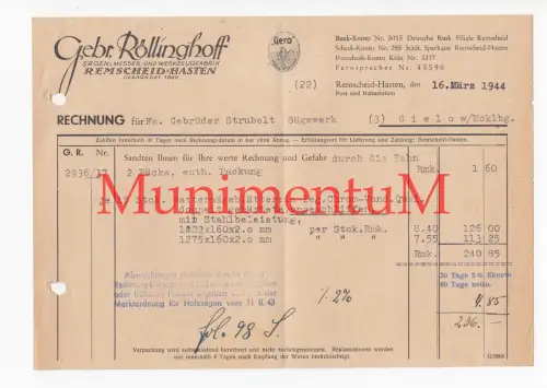 Sägen Messer Werkzeugfabrik Gebr. Röllinghoff REMSCHEID HASTEN - Rechnung 1944