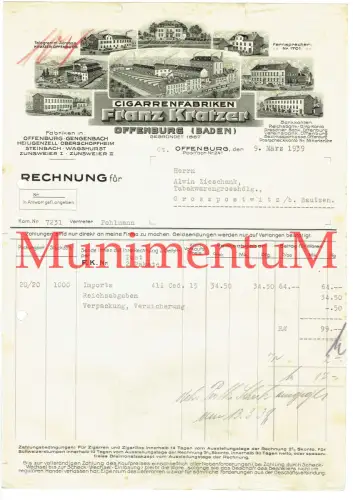 Cigarrenfabriken F. Kratzer OFFENBURG (Baden) gegründet 1867 - Rechnung 1939