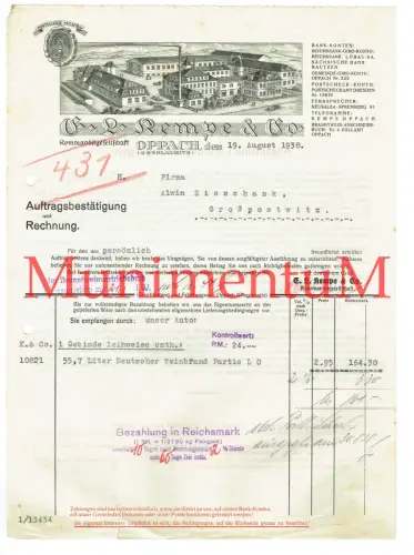 Distillerie Kempe & Co. OPPACH (Oberlausitz) - Rechnung Briefbogen 1938
