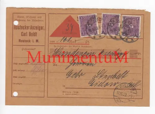 Rostocker Anzeiger C. Boldt ROSTOCK - Nachnahme Rechnung 1922 für Inserat