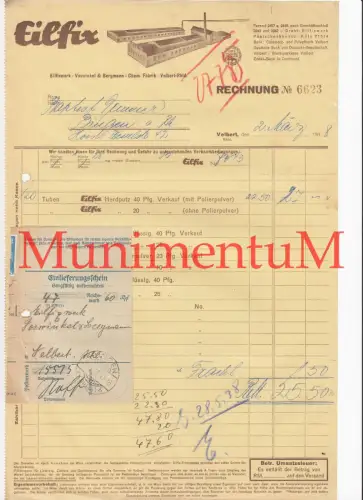Chem. Fabrik Eilfix VELBERT Voswinkel & Bergmann - Rechnung 1938 Einlieferungss.