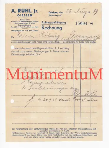 Lampen Licht A. Ruhl GIESSEN GIEßEN - Rechnung Auftragsbestätigung 1939