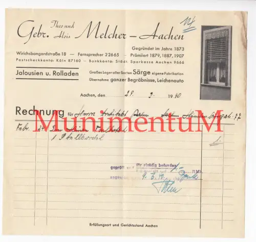 Särge Leichenauto Begräbnisse Rolladen Gebr. Melcher AACHEN - Rechnung 1940