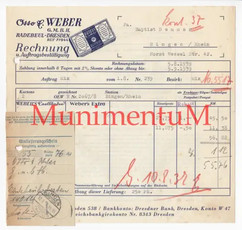 Otto Weber GmbH RADEBEUL DRESDEN - Rechnung 1939 mit Einlieferungsschein