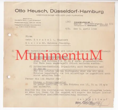 Überseeische Hölzer & Furniere Otto Heusch DÜSSELDORF HAMBURG - Anforderung 1944