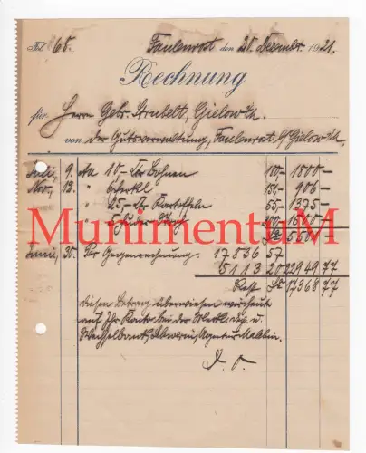 Gutsverwaltung Gut FAULENROST - Rechnung 1921 Ankündigung Überweisung GIELOW