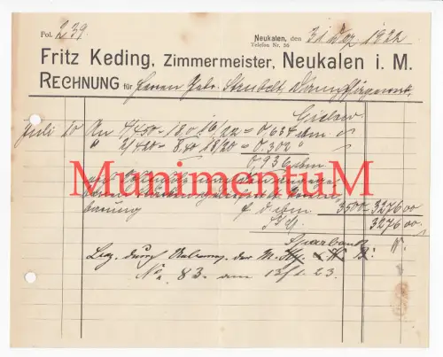 Zimmermeister F. Keding NEUKALEN i. Mecklenburg - Rechung 1922 nach GIELOW
