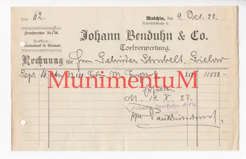 Torfverwertung Johann Benduhn & Co. MALCHIN - Rechnung 1922 Vereinsbank WISMAR