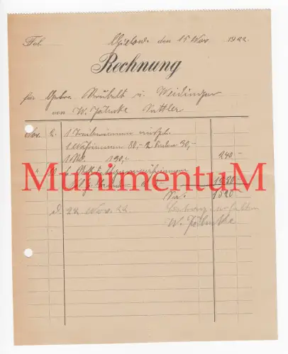 Sattler W. Jäncke - Rechnung 1922 GIELOW