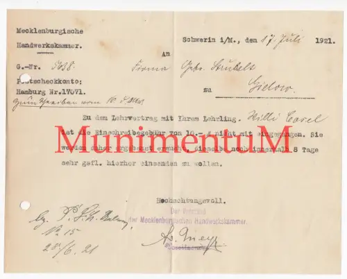 Mecklenburgische Handwerkskammer SCHWERIN - Mahnung bzgl. Lehrvertrag 1921