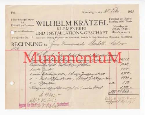 Klempnerei & Installations-Geschäft W. Krätzel STAVENHADEN - Rechnung 1923