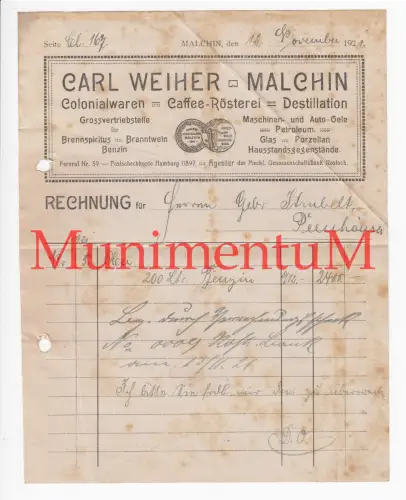 Kolonialwaren Kaffee-Röstereo C. Weiher MALCHIN - Rechnung 1921