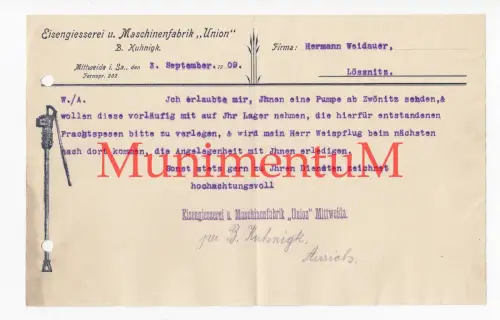 Eisengießerei & Maschinenfabrik Union Kuhnig MITTWEIDA Schreiben 1909 ZWÖNITZ
