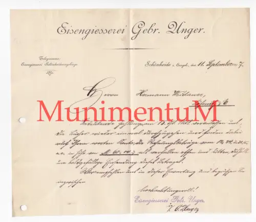 Eisengiesserei Gebr. Unger SCHÖNHEIDE i. Erzg. - Rechnung 1907 Autograph