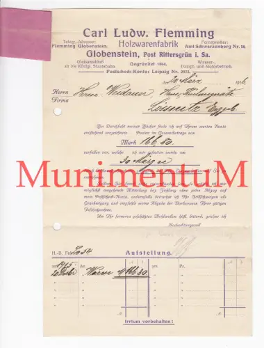 Holzwarenfabrik C. L. Flemming GLOBENSTEIN Post RITTERSGRÜN - Rechnung 1916