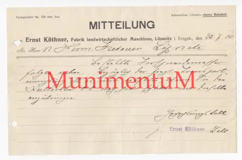 Fabrik landwirtschaftlicher Maschinen E. Köthner LÖSSNITZ - Mitteilung 1914