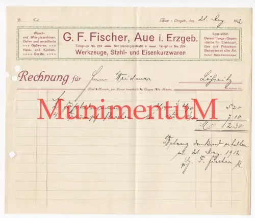 Werkzeuge Stahl- & Eisenkurzwaren Fischer AUE i. Ergebirge - Rechnung 1912