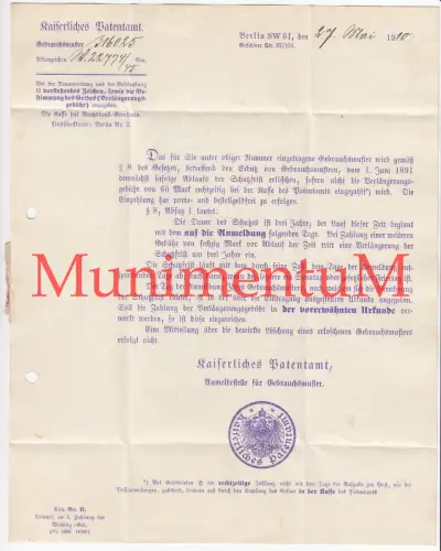 Kaiserliches Patentamt BERLIN - Gebrauchsmuster Gebühr 1910 Weidauer LÖSSNITZ