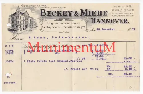 Colonialwaren Droguen Beckey & Miehe HANNOVER gegr. 1878 - Rechnung 1909