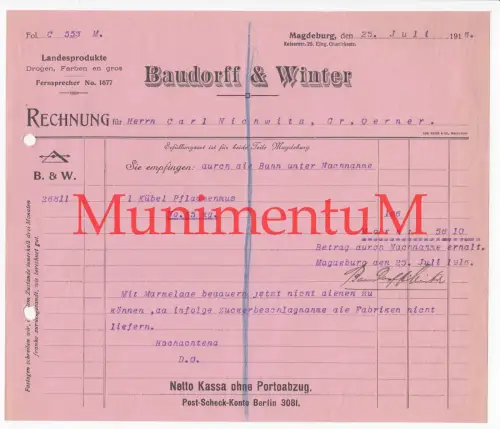 Drogen, Farben en gros Baudorff & Winter MAGDEBURG - Rechnung 1915