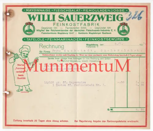 Feinmarinaden Feinkostfabrik Willi Sauerzweig MAGDEBURG - Rechnung 1929
