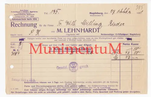 Molkerei-Butter M. Lehnhardt  MAGDEBURG gegr. 1887 - Rechnung 1911