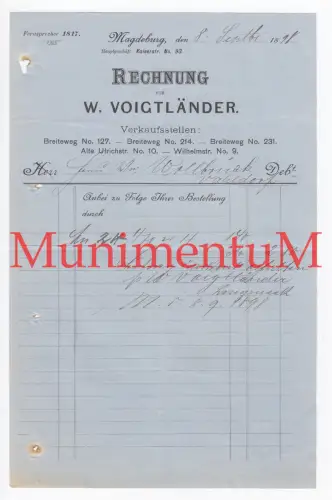 W. Voigtländer MAGDEBURG - Rechnung Briefkopf 1898 nach VALHDORF