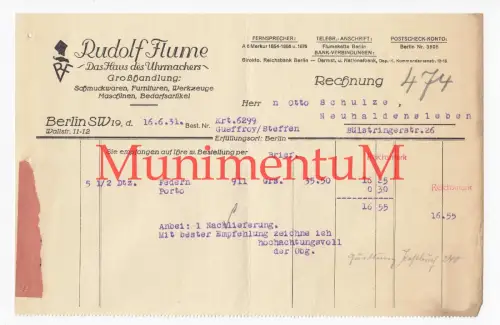Uhrmacher Rudolf Flume BERLIN - Rechnung 1931 nach NEUHALDENSLEBEN